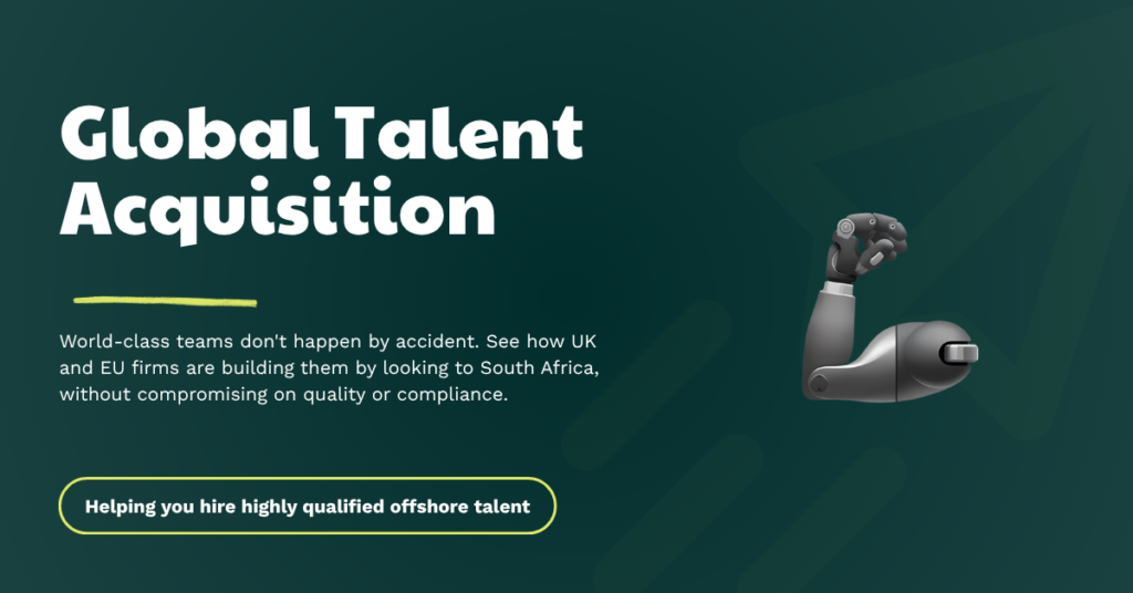 A UK business team reviewing global talent acquisition candidates from South Africa via video conference